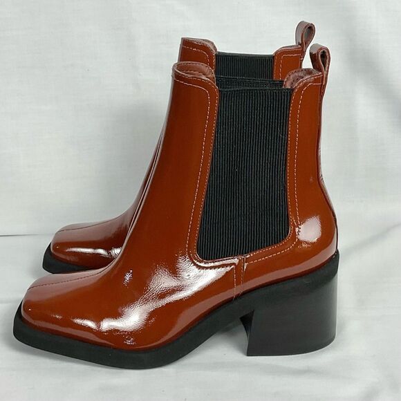 Gianni Bini Brown Booties Banks Crinkle Patent Square Toe Sz 6.5 NEW Double Gore - Picture 3 of 8